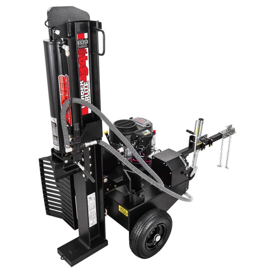 Swisher 34 Ton Log Splitter actively splitting a log in vertical position